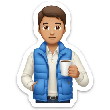 full body man wearing long sleeve white shirt with blue puffy winter vest holding a cup of coffee in front of him and nothing in his other hand sticker
