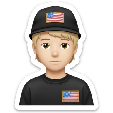 white  teen boy with short mullet haircut and black American flag flat bill hat at and wearing Carhartt sweatshirt sticker