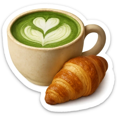 Make the matcha latte with croissant more detailed, add realistic textures and shading, keep the inviting and cozy icon style. sticker