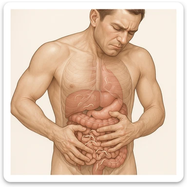 realistic anatomical man with abdominal pain, transparent intestine showing light beige worms, medical style sticker