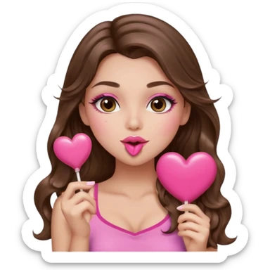 girl with long wavy brown hair, brown eyes, long lashes makeup, sexy pink lips, light to medium complexion, wearing a pink sexy top, blowing a kiss, heart lillipop sticker
