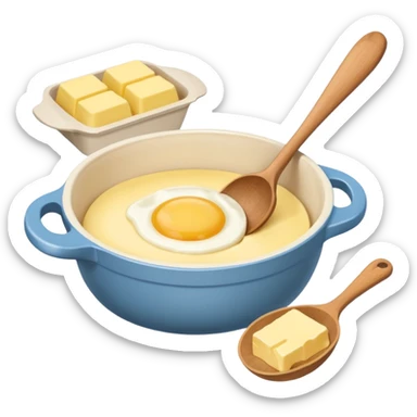 A cream ceramic baking bowl with a wooden spoon in it, next to it is a carton of eggs and butter sticker