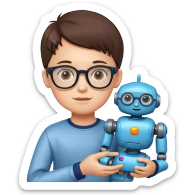 kid with glasses → holding a toy robot sticker