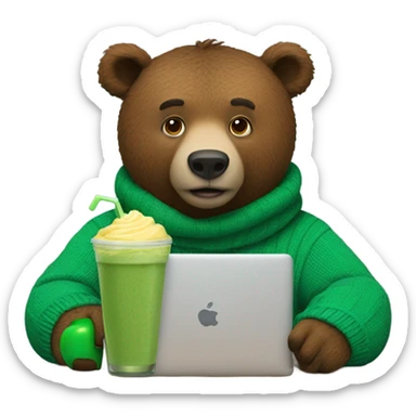 brown bear with a green sweater who is a software programmer and has an apple laptop and a smoothie sticker