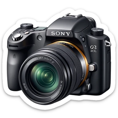 DSLR camera, Sony Alpha DSLR-A230, professional black camera with lens sticker