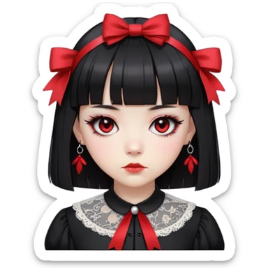 Cute East Asian girl, pale skin, straight bangs, black inward bob. Wearing gothic dress with lace collar, red eyeshadow, black ribbon headband, serious expression sticker