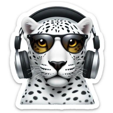 white jaguar dj, emoji head, looking forward, wearing cool sunglasses, wearing over-ear headphones on top of head sticker