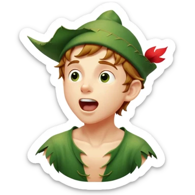 Cinematic Realistic Peter Pan Portrait, head tilted slightly with a dramatic, wide-open yawn, revealing a relaxed yet spirited expression. His detailed tunic and cap, paired with a gentle, ambient glow, capture a tender moment of vulnerability amidst his eternal quest for adventure. sticker