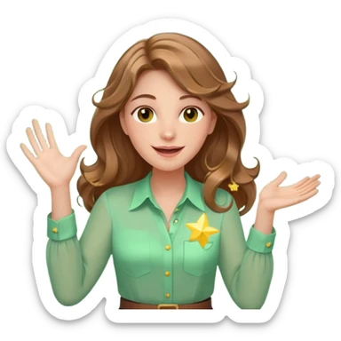 Joyful and imaginative woman with fair skin, long wavy light brown hair, hazel eyes, wearing a light green blouse with yellow accents, holding a glowing lightbulb and gesturing outward. Surrounded by stars, sparkles, speech bubbles, a paper plane, and a small heart. Waist-up, front-facing sticker