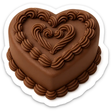 heart-shaped chocolate fondant cake with piped swirls, transparent background sticker