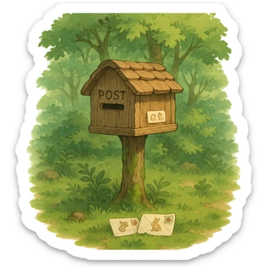 forest mailbox with tiny animal letters, cozy woodland theme, soft ghibli style sticker