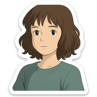 portrait of an Asian girl with medium brown wavy hair and brown eyes, paler skin tone, ghibli style sticker