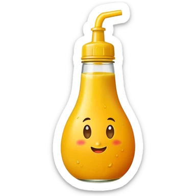 A mango with mustard on it with the mustard bottle saying 67 BOI sticker