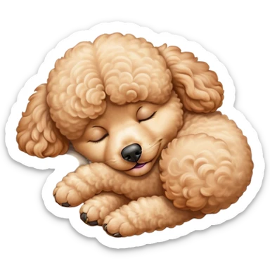 Meme-Worthy Cute Sleeping Apricot Poodle Portrait Emoji, Head resting peacefully with a contented smile, showcasing a delightfully elegant build and a luxuriously soft, curly apricot Fur, eyes shut in a serene nap, Simplified yet hilariously adorable features, highly detailed, glowing with a soft, drowsy light, high shine, relaxed and utterly lovable, stylized with an air of playful laziness, bright and heartwarming, soft glowing outline, capturing the essence of a comically sleepy companion, so meme-worthy it feels like it could instantly become the next viral sensation of adorable slumber! sticker
