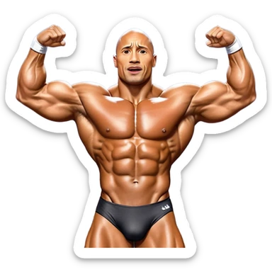 Dwayne 'The Rock' Johnson on stage at the Mr. Universe bodybuilding competition, covered in oil, flexing his powerful muscles. His physique shines under bright stage lights, showcasing his strength and dedication. The audience and judges are blurred in the background. Transparent background. sticker