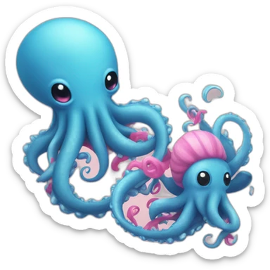 an adorable blue kraken fighting another pink kraken  adorable sticker