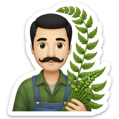 farmer emoji holding a bunch of fiddlehead ferns, black hair, moustache, light beard, inspired by the attached reference photo sticker