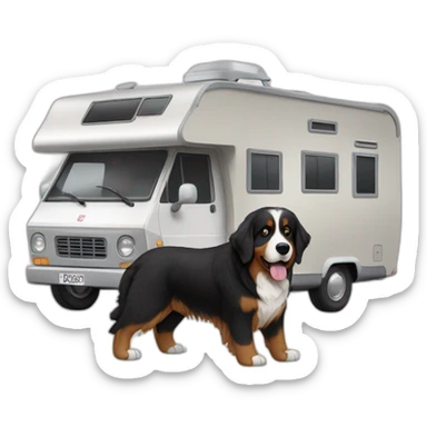 bernese mountaind dog in a camper with a brown hair woman and grey hair man grey sticker