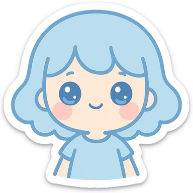 kawaii girl with blue hair, blushing cheeks, cute illustration sticker