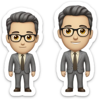 Full height Pale skinned Fit Man With dark brown hair in classic gray suit, beige office shirt, dark gray tie, and vintage glasses. His hands lock sticker