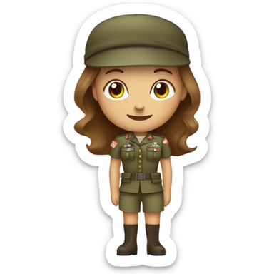 girl in army uniform with girly pink bow on head and brown hair and heels on feet emoji sticker