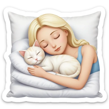 blonde girl sleeping on white pillow with white cat sticker