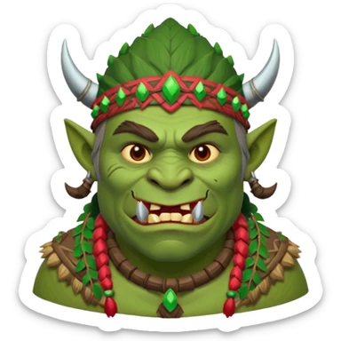 Christmas fantasy orc icon, winter feast chief theme, tribal ornaments, joyful brutal expression, festive winter atmosphere, stylized emoji portrait, male/female variant
 sticker