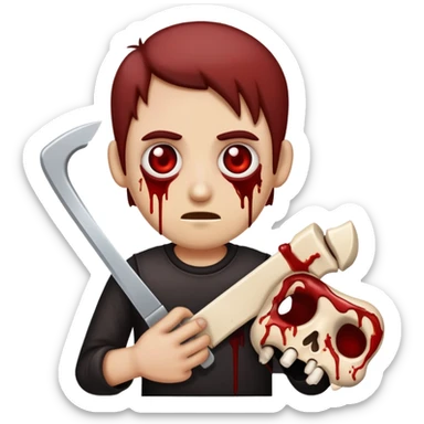 goregrind band member emoji, holding bone saw, blood-stained clothing, wild eyes sticker