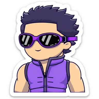 male athlete with white skin and moderately curly black hair on top with shaved sides, wearing ski goggles with purple frames and very dark black lenses, a simple plain black chain necklace, and a completely unzipped sleeveless vest with purple and black sequin fire pattern design with no logo or brand emblem, fully revealing his chest, shoulders and arms, no earrings sticker