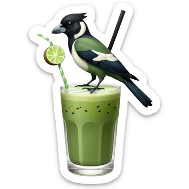 It’s an Australien Magpie sitting on an iced matcha latte on the edge of the glass. It has green matcha on its beak indicating it drank. The iced matxha latte is in a see through glass and white from the oat milk on the bottom and green on top…and there is a straw in the drink and ice cubes sticker