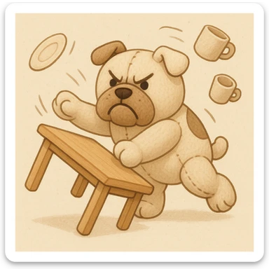 Angry English bulldog (ikea stuffy style) flipping a table sticker