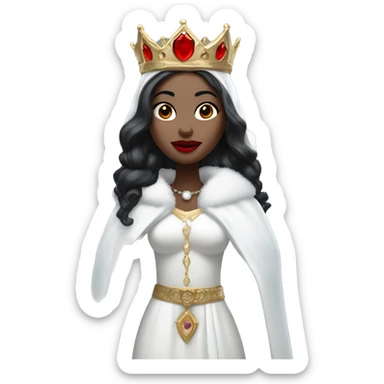 woman with pale skin and sharp facial features and bright red lips. She has black hair, and she wears a crown made of icicles. Dressed in white icy robes with fur accents” sticker