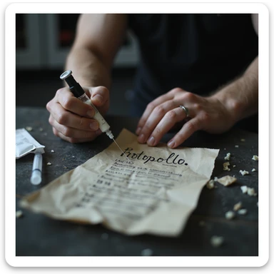 close-up of young bodybuilder's hand injecting unknown substance from unlabeled vial, crumpled paper labeled 'protocollo' in messy handwriting, syringe and alcohol wipes scattered, gym locker room background, hyperrealistic 4K, tense secretive mood sticker