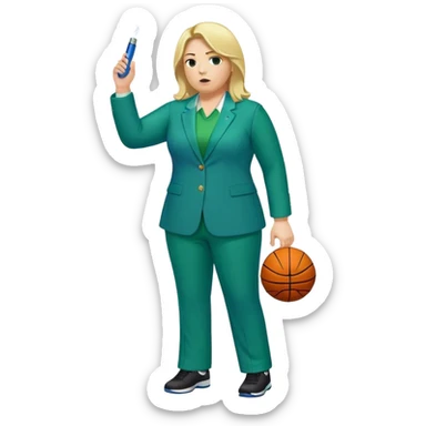 Full Body white plus size female basketball head coach with whistle  blonde hair shoulder length in a blue and green suit sticker