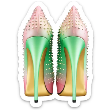 Hyper Realistic top front view of a pair of pastel pink,pastel green,and pastel yellow ombre gold studded pointed toe stiletto shoes.  sticker