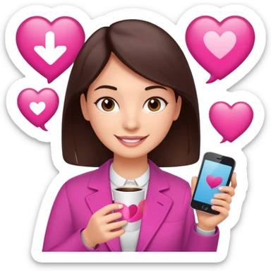 Social media manager. She has dark brown hair, brown eyes, a friendly smile. She is holding a smartphone and a coffee cup. Include subtle marketing elements like small icons of hashtags or a speech bubble with a heart. Use vibrant colors with a focus on pink and fuchsia tones. sticker