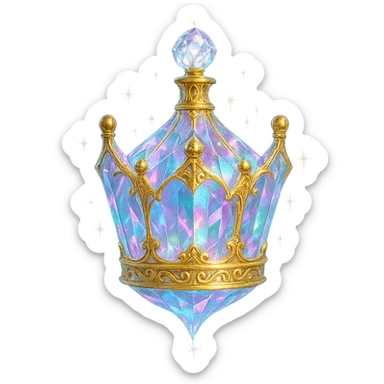 luxurious crystal elixir bottle shaped like a crown, pastel gradient, lots of glowing highlights, facets, ornaments, golden details, magical effects, very small golden neck, transparent background, beautiful merging base, clearly floating in air, no base or shadow, premium class impression, interesting design, fits crystal, luxurious, magical bottle collection sticker