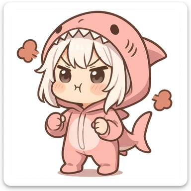 adorable white-haired girl in a pink shark onesie, cheeks puffed in cute anger, chibi style sticker