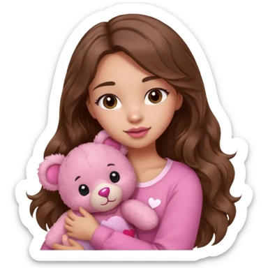 girl with long wavy brown hair, brown eyes, light to medium complexion, in a pink shirt, pink lips, long lashes, hugging squeezing  a teddy bear with hearts sticker