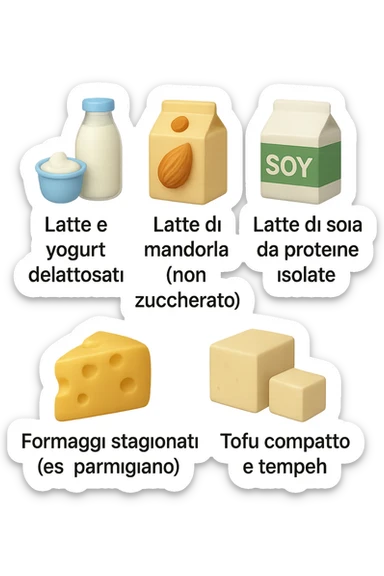 emoji stile iphone 3d di questi elementi che fluttuano in aria:

Latte e yogurt delattosati
Latte di mandorla (non zuccherato)
Latte di soia da proteine isolate
Formaggi stagionati (es. parmigiano)
Tofu compatto e tempeh
 che fluttuano in aria,  le etichette scrivile in italiano, iperealistico 4k sticker