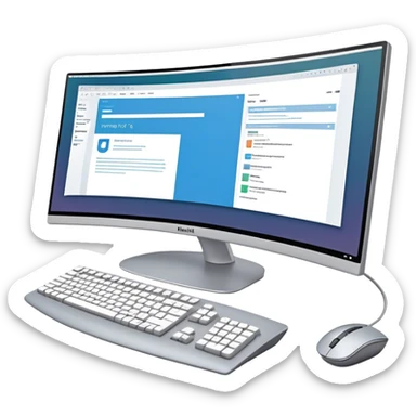 Create an emoji for UX/UI design. Show  large curved monitor displaying windows with UX/UI design HTML program interface. Include a mouse, keyboard, and stylus next to the screens. Use modern, professional colors. Do not include any emojis or smiley faces. Make the background transparent. sticker