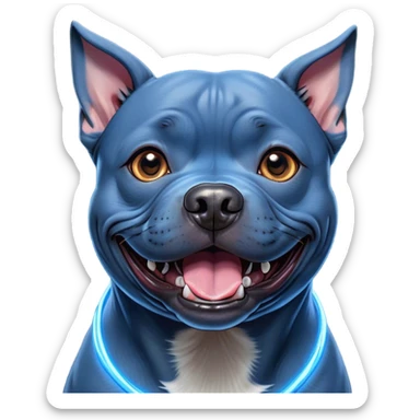 Cinematic Comical Blue Staffordshire Bull Terrier Portrait Emoji, Head tilted dramatically with an exaggeratedly amused expression, featuring a striking blue Fur with a subtle shimmer, wide, expressive dark eyes filled with playful disbelief, Simplified yet hilariously expressive features, highly detailed, glowing with a slightly sassy glow, high shine, dramatic yet playful, stylized with an air of cheeky mischief, bright and endearing, soft glowing outline, capturing the essence of a spirited and over-the-top guardian, so meme-worthy it feels like it could side-eye its way into internet fame instantly! sticker