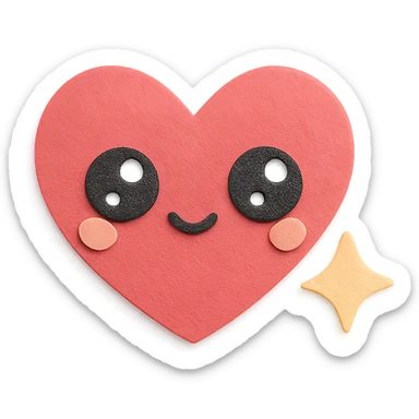 kawaii soft red heart with big shiny eyes and pastel sparkle, no arms, no legs, full body, soft pastel kawaii paper craft style sticker