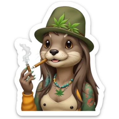 a female otter with long hair smoking a joint surrounded by marijuana fumes. a bit california hippy vibe, with tattoos and piercing sticker