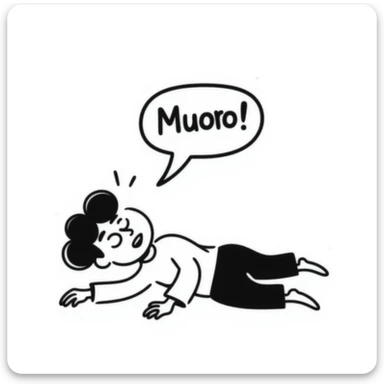 stylized dying little man with the word 'muoro', black doodle style, hand drawn, humorous sticker