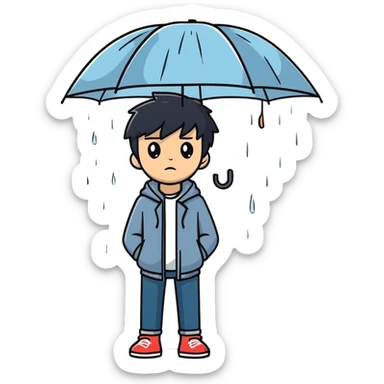 Anime-style teenage boy with dark hair standing in the rain, looking melancholic sticker