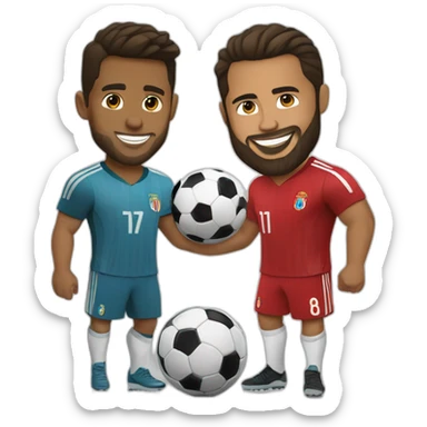 litlle brown man with a beard playing football with tall Cristiano Ronaldo sticker