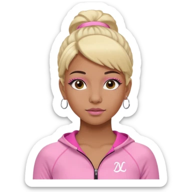 crée moi une jeune adulte brownskin au yeux brider marron foncer et une perruque blonde avec des baby hairs , un ensemble lululemone rose percing au nez et les oreilles remplis un petit full face de londonniennes des gros faux cils bien charger  sticker