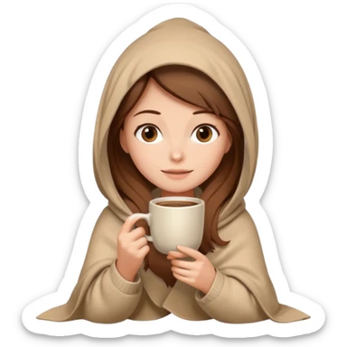 brown hair woman sitting under beige blanket, with a blanket over his head, holding cup of coffee, autumn mood sticker