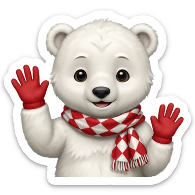 baby Polar Bear, smiling, hi five, wearing red Checkered Triangle scarf sticker